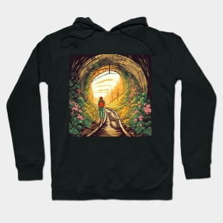 Tunnel of Love, Ukraine cartoon illustration. Man walking with dog on sunset Hoodie